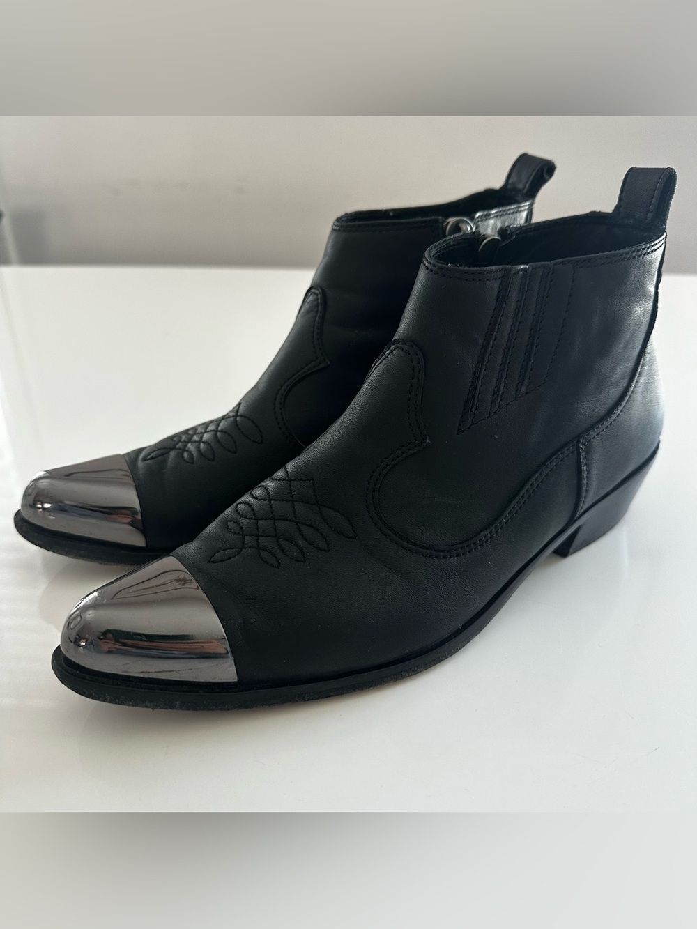 Anine Bing Black Leather Western Ankle Boots with Silver Toe Caps